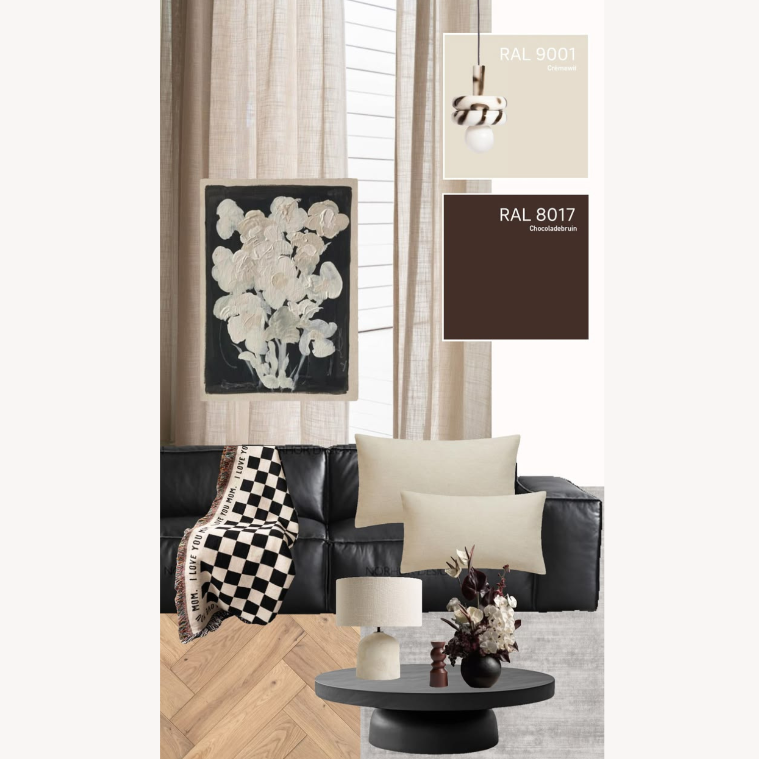 Living room with black sofa, decorative pillows, and a lamp on a white background